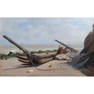 Emile Louis Thivier Boat On The Beach At Villerville Normandy Oil On Panel 19th Century