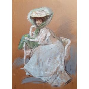 Ferdinand Mifliez Elegant Misti Seated On A Bench Pastel On Paper 