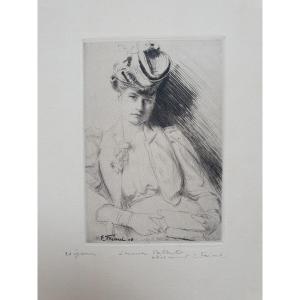 Emile Friant Portrait Of An Elegant Woman In Book Etching Engraving School Of Nancy Signed