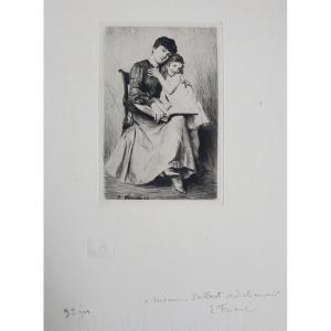 Emile Friant Portrait d'Une Femme Et Sa Fille Au Livre Eau Forte Gravure Ecole De Nancy Signée
