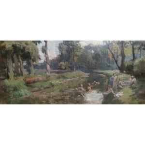 Léon Giffard Scéne De Baignade Huile Sur Panneau Vers 1900