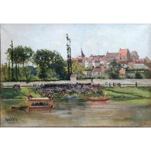 René Maurice Fath Joutes Nautiques Sur La Seine à Carrières Sur Seine Huile Sur Toile Vers 1900