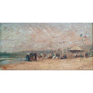 Scène De Plage Animée Huile Sur Panneau Impressionniste Vers 1880  Monogramme Normandie 