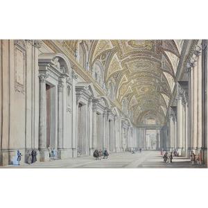 Francesco Pannini Interior Of Saint Peter Rome Watercolor And Gouache On Engraved Line 