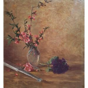Still Life With Flowers, Fan And Vase By Gallé Nancy Oil On Canvas Circa 1900