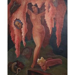 Naked Woman With Masks Around 1930 Large Oil On Canvas 