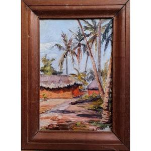 Exotic Landscape Madagascar Africa Or The Tahiti Islands Oil On Canvas Circa 1930