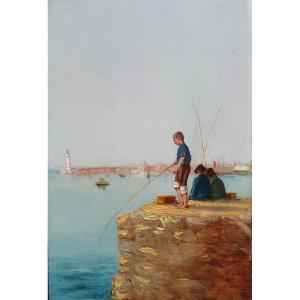 Vincent Manago Les Pêcheurs à Marseille Huile Sur Panneau Phare Sainte-marie Port Marine 1904