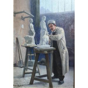 Armand Robert In The Sculptor's Workshop Oil On Panel 