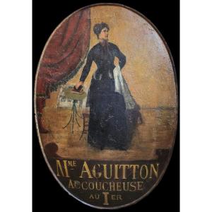 Rare Painted Tin Sign Midwife Mrs. Aguitton End Of The 19th Century 