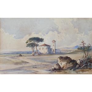 Roman Countryside Italian Landscape Watercolor Rome 19th Century Signature To Identify Aqueduct