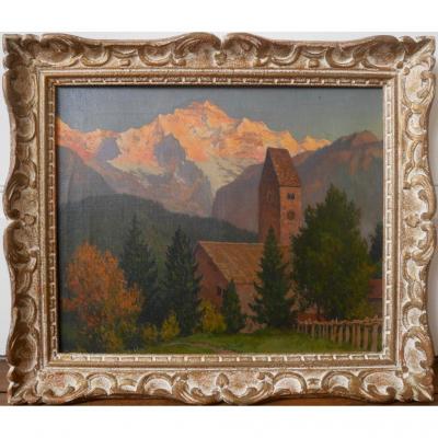 Michel Guermacheff Coucher de soleil Montagne Peintre russe Huile sur toile début XXème