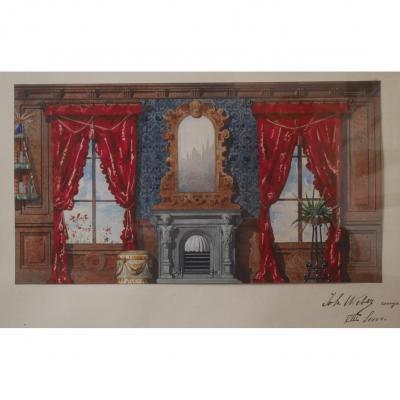 Watercolor Interior XIXth Century John Weber Around 1890 Mirror Chimney