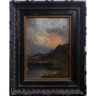 Giuseppe Buscaglione Sunset In Italy Landscape View Italian XIXth Mountain Oil Wood