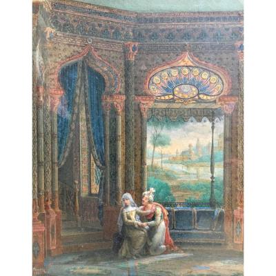 Mathilde Et Malek Adhel Par Jean Claude Rumeau Aquarelle 1825 orientalisme