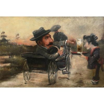 Attr To Charles Betout Japanese Serving A Beer To A European Oil On Canvas XIX Caricature