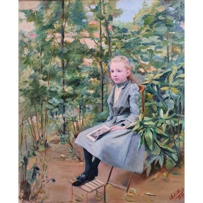 Charles Villain Jeune Fille à La Lecture Dans Un Jardin Huile Sur Toile Peintre De Nancy 1891 