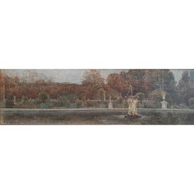 Eugène Loup La Fontaine Du Grand Bassin Au Jardin Du Luxembourg Paris 1903 Huile Carton