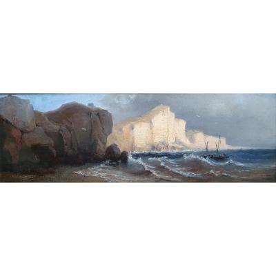 Attribué à Eugène Cicéri Les Falaises De Normandie Huile Sur Carton Vers 1870