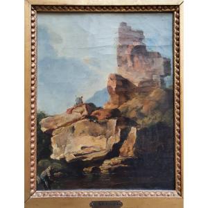 Landscape Of Italy Animated Ruins Oil On Canvas Late Eighteenth Beginning Of The Nineteenth Cartel J Vernet