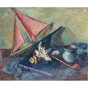 Jacques Ciry Still Life With Boat, Shell And Pipe Normandy