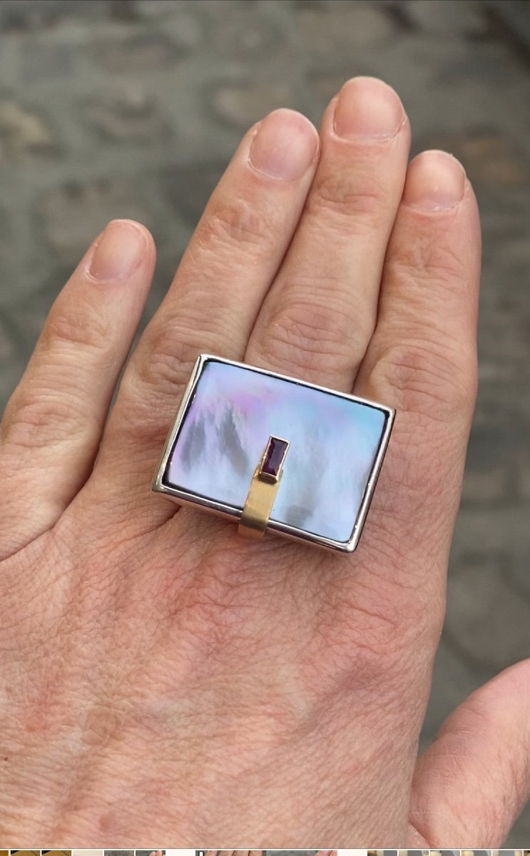 Janine Renard (1947), Modernist Mother-of-pearl And Ruby Ring-photo-5