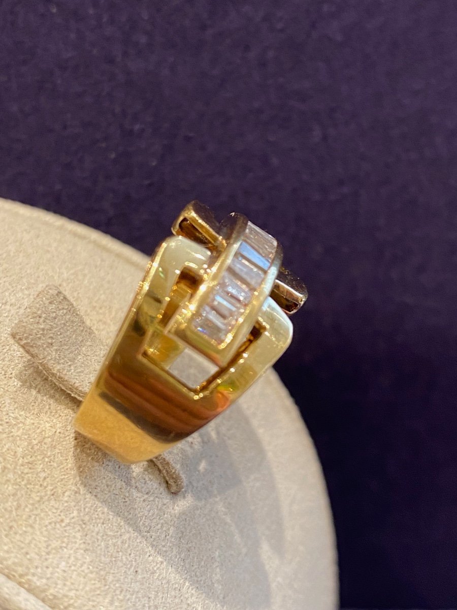 Tank Ring "bridge" Model Yellow Gold & Taper Diamonds-photo-4