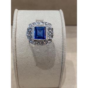 Old Art Deco Ring In White Gold, Diamonds And Imitation Blue Stone