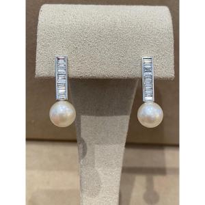 Pearl And Diamond Bar Earrings