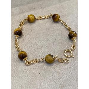 Bracelet Vintage En Or Jaune maille marine Et Perles "oeil De Tigre"