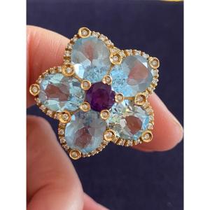  Aquamarine, Amethyst & Diamond Flower Cocktail Ring