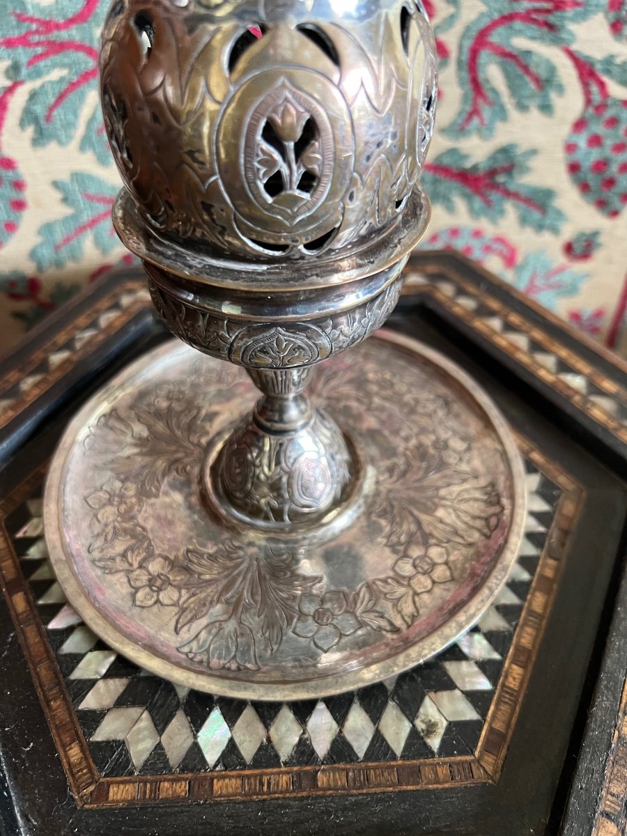 Ottoman Incense Burner In Silver-plated Copper, 19th Century-photo-2