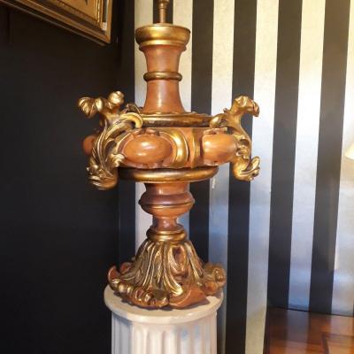 Pied De Lampe En Bois Polychrome