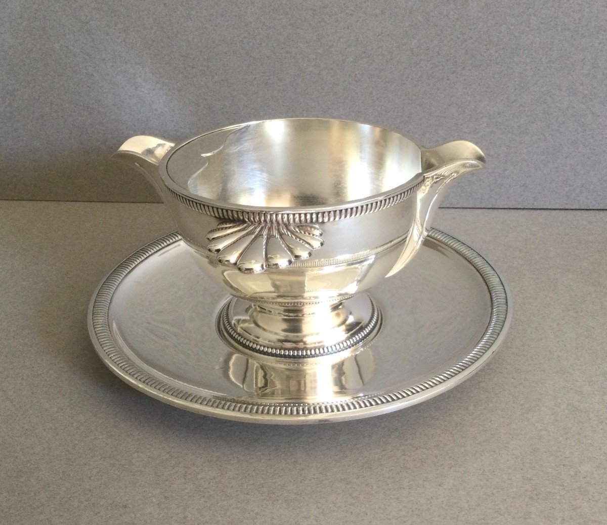 Silver Metal Sauce Boat With Tray.