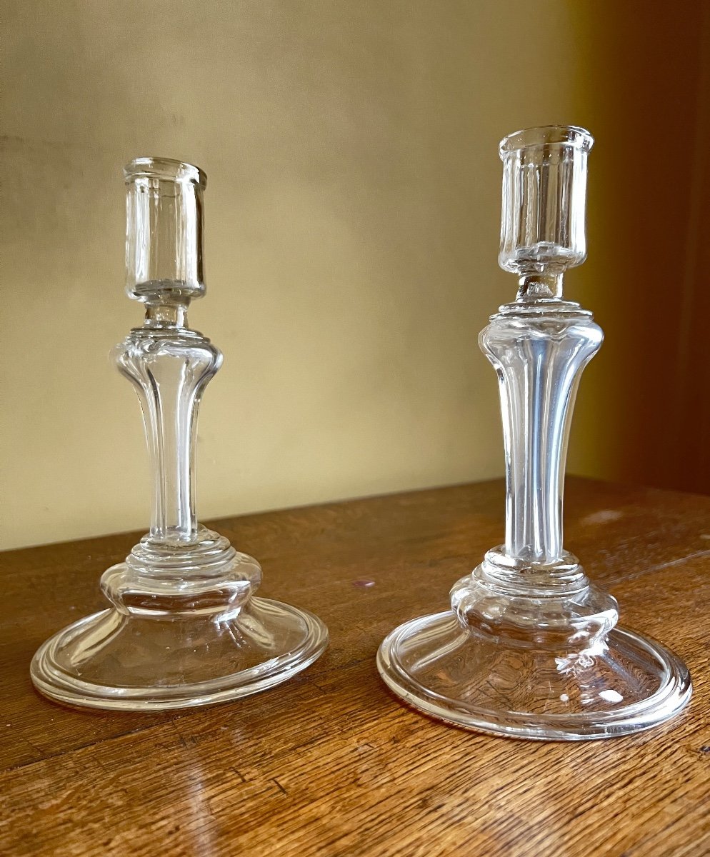 A Unique Pair Of Composite Glass Footed Candlesticks, First Half Of The 18th Century. 19cm