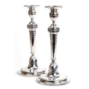 Pair Of Empire Period Silver Candlesticks, Antoine-henri Dubois, Paris -1798-1809