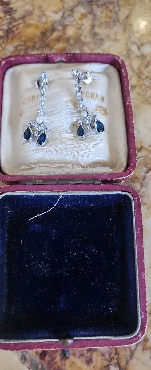 Art Deco Blue Sapphire, Diamond 18kt Gold Earrings-photo-3