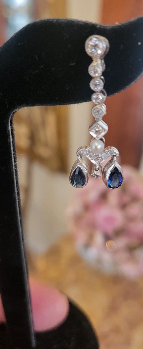 Art Deco Blue Sapphire, Diamond 18kt Gold Earrings-photo-7