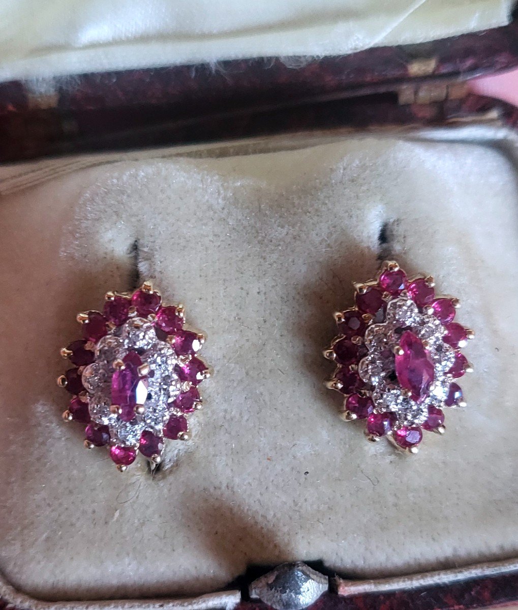 Vintage  Earrings, Ruby And Diamonds In Gold