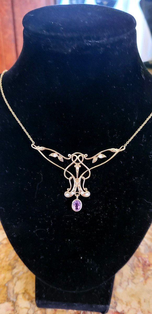 Art Nouveau Collier En Or,  Améthyste, Et Perles 