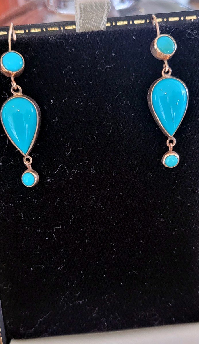 Antique Turquoise Earrings Set In Gold.-photo-4