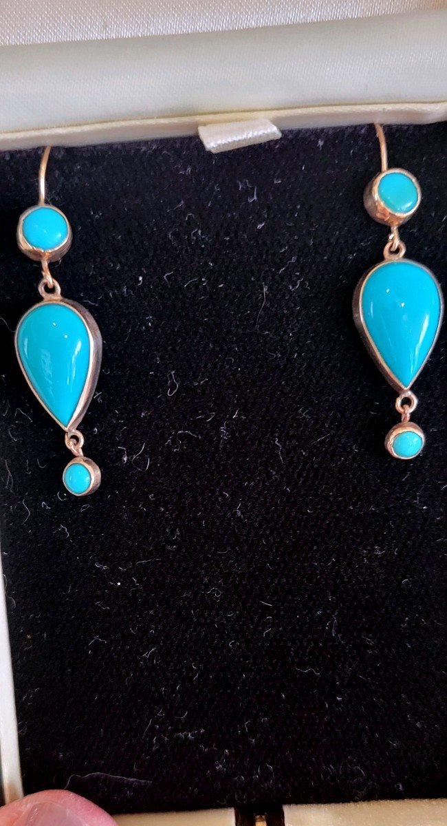 Antique Turquoise Earrings Set In Gold.-photo-2