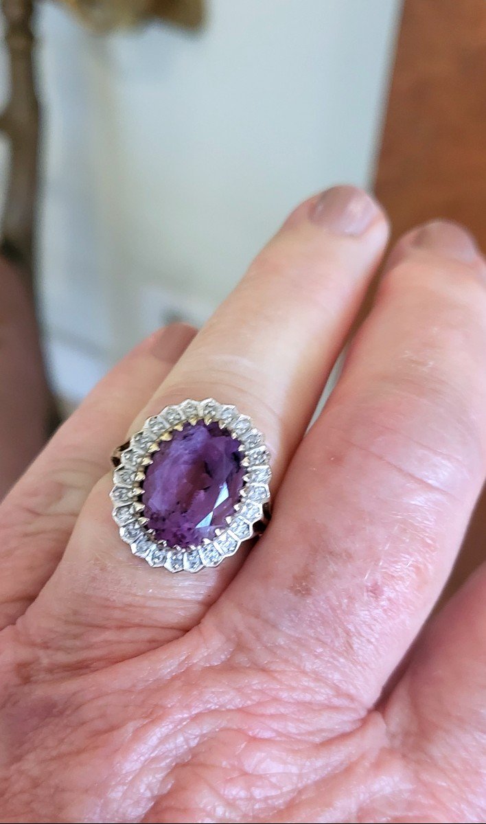 Vintage “cocktail” Ring – Amethyst, Diamonds Set In Gold-photo-2