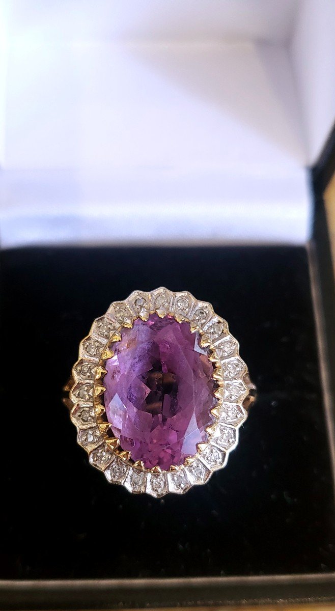 Vintage “cocktail” Ring – Amethyst, Diamonds Set In Gold-photo-4