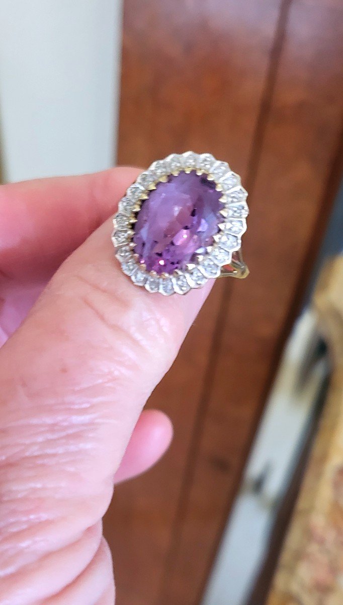 Vintage “cocktail” Ring – Amethyst, Diamonds Set In Gold-photo-1