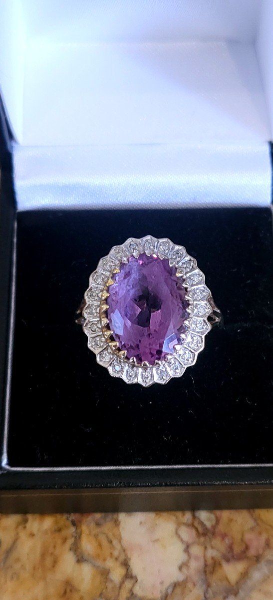 Vintage “cocktail” Ring – Amethyst, Diamonds Set In Gold-photo-3