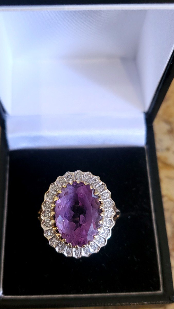 Vintage “cocktail” Ring – Amethyst, Diamonds Set In Gold-photo-4