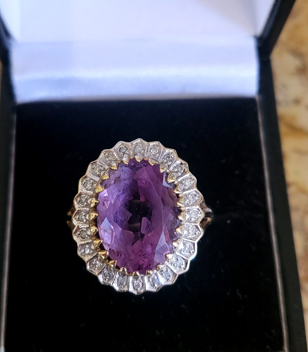 Vintage “cocktail” Ring – Amethyst, Diamonds Set In Gold