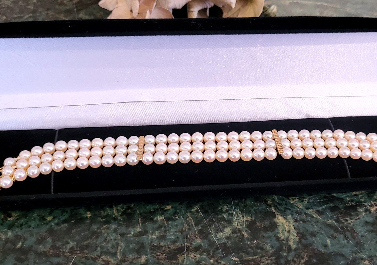 3 Row Cultured Pearl Bracelet, 18ct Gold Clasp 