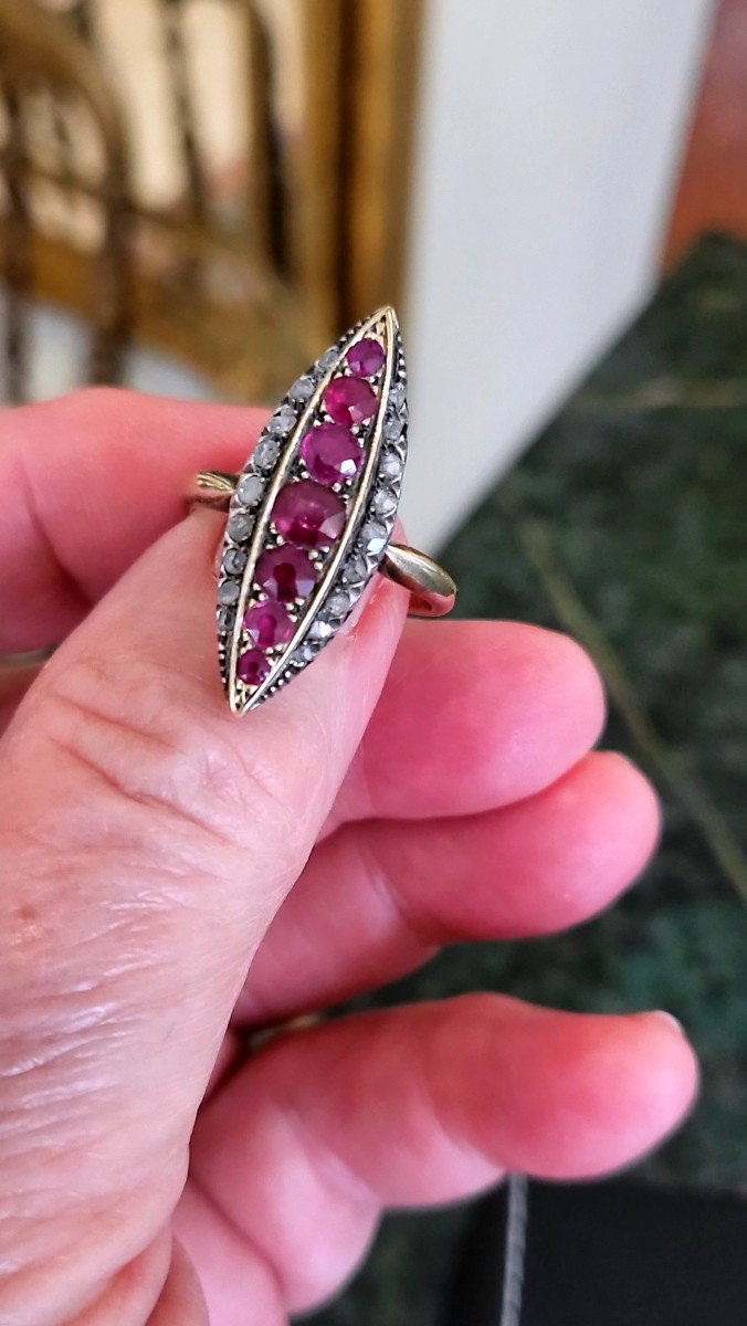 Belle Epoque “navette ” Ring In 18ct Gold, Ruby And Diamonds -photo-1